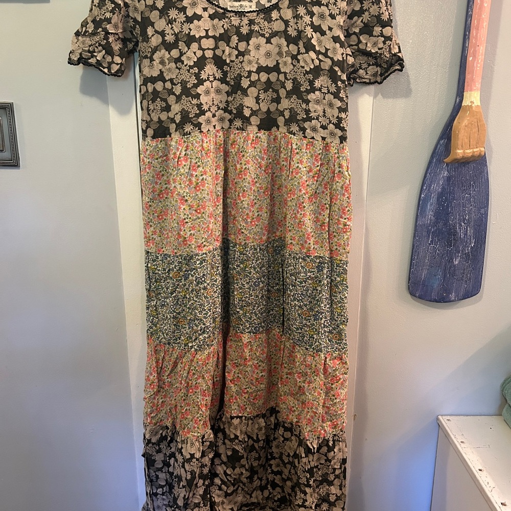 NATURAL LIFE Floral Patchwork Tiered Maxi Dress in Black, Cream, Pink, Green